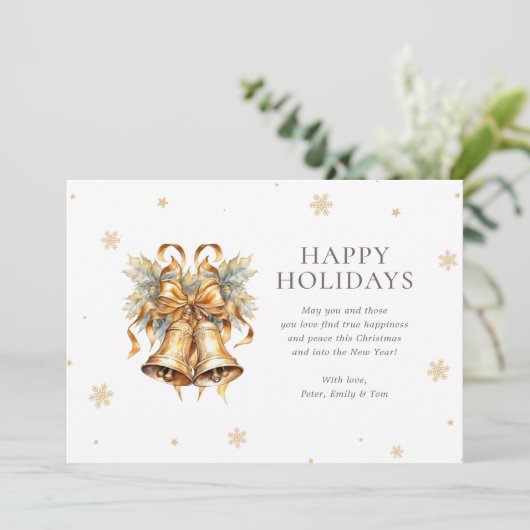 Elegante Waterverf Gold Bells Snowflake Foto Feestdagenkaart (Staand voorkant)