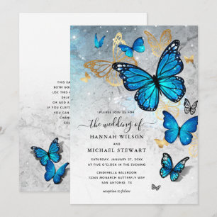 Elegante Waterverf Goud Blauwe Vlinder Bruiloft Kaart
