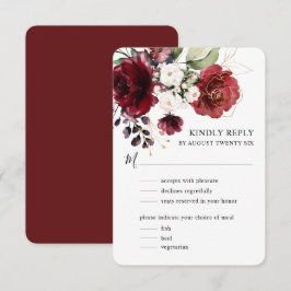 Elegante waterverf goud bordeauxroze bloem met maa RSVP kaartje