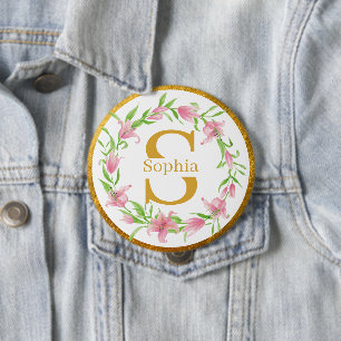 Elegante Waterverf Goud Roze Bloem Lelie Monogram Ronde Button 4,0 Cm