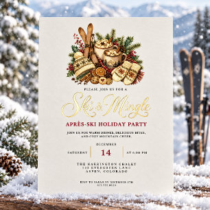 Elegante Waterverf Goud Ski en Mingle Apres Ski Folie Feestdagenkaart