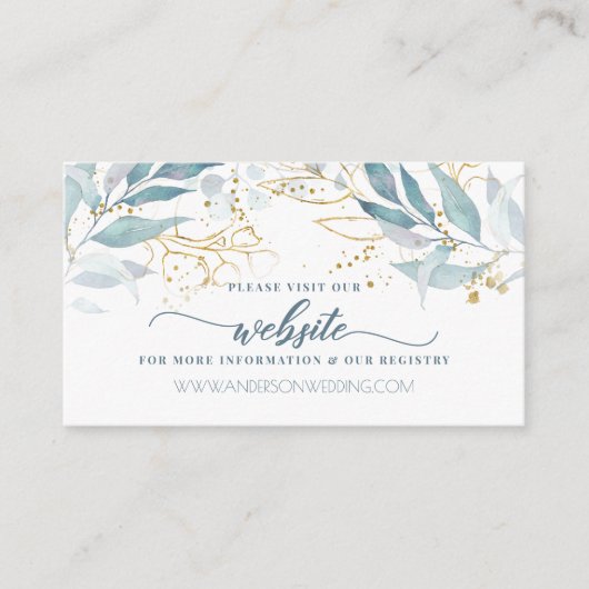 Elegante Waterverf Goud Stoffig Blauw Bloemen Brui Informatiekaartje (Voorkant)