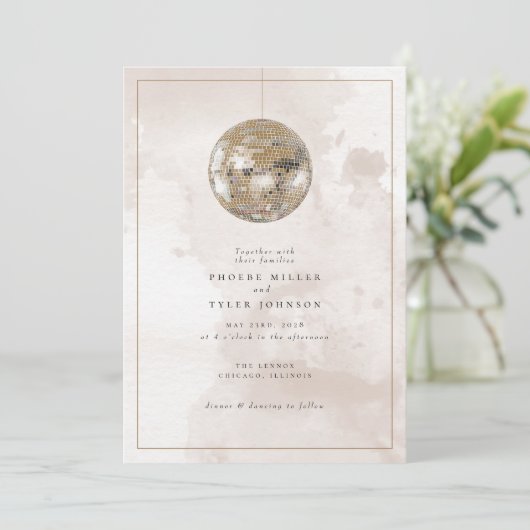 Elegante Waterverf Gouden Disco Ball Bruiloft Kaart (Staand voorkant)