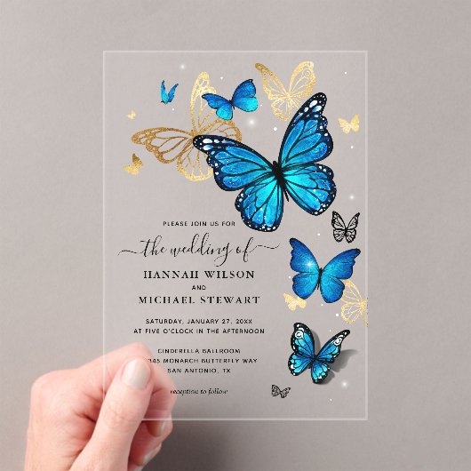 Elegante Waterverf gouden en blauwe vlinder bruilo Acryl Uitnodigingen (Insitu (Draagbaar))
