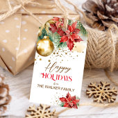 Elegante waterverf gouden rode poinsettia Kerst Cadeaulabel