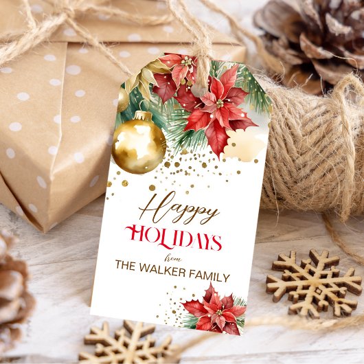Elegante waterverf gouden rode poinsettia Kerst Cadeaulabel