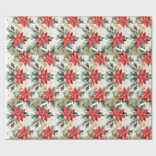Elegante waterverf gouden rode poinsettia Kerst Cadeaupapier (Vlak)