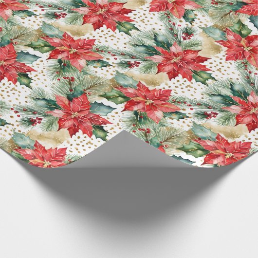Elegante waterverf gouden rode poinsettia Kerst Cadeaupapier (Hoek)