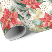 Elegante waterverf gouden rode poinsettia Kerst Cadeaupapier (Rol Hoek)