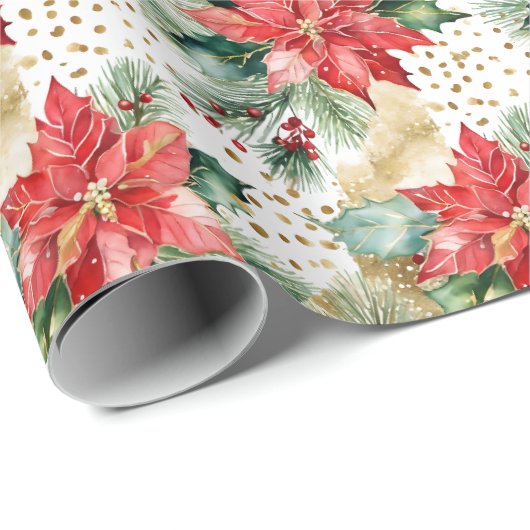 Elegante waterverf gouden rode poinsettia Kerst Cadeaupapier (Rol Hoek)