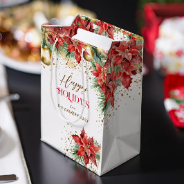 Elegante waterverf gouden rode poinsettia Kerst Medium Cadeauzakje