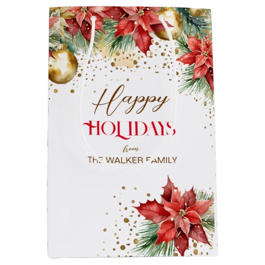 Elegante waterverf gouden rode poinsettia Kerst Medium Cadeauzakje (Voorkant)