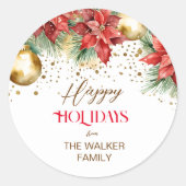 Elegante waterverf gouden rode poinsettia Kerst Ronde Sticker (Voorkant)