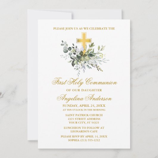 Elegante Waterverf Greenery Gold Communie Kaart (Voorkant)