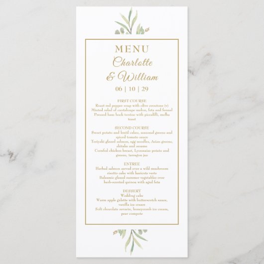 Elegante Waterverf Greenery Gold Dinner Menu (Voorkant)