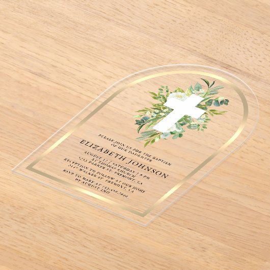 Elegante Waterverf Greenery Gouden Boog Doop Acryl Uitnodigingen (Laagn)