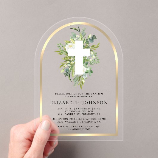 Elegante Waterverf Greenery Gouden Boog Doop Acryl Uitnodigingen (Insitu (Draagbaar))