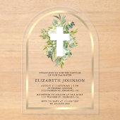 Elegante Waterverf Greenery Gouden Boog Doop Acryl Uitnodigingen (Voorkant)