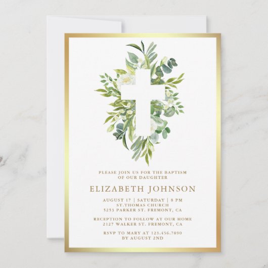 Elegante Waterverf Greenery Gouden Doop Kaart (Voorkant)