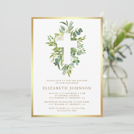 Elegante Waterverf Greenery Gouden Doop Kaart (Staand voorkant)