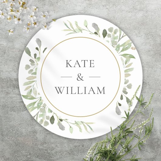 Elegante Waterverf Greenery Wedding Gold Favoriet Ronde Sticker