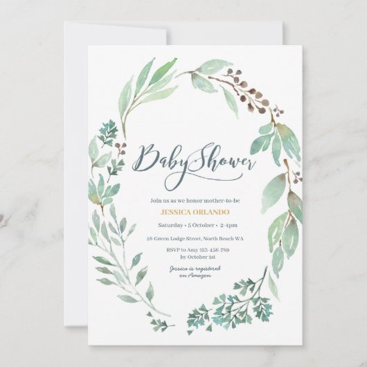 Elegante Waterverf groen Baby shower uitnodiging (Voorkant)