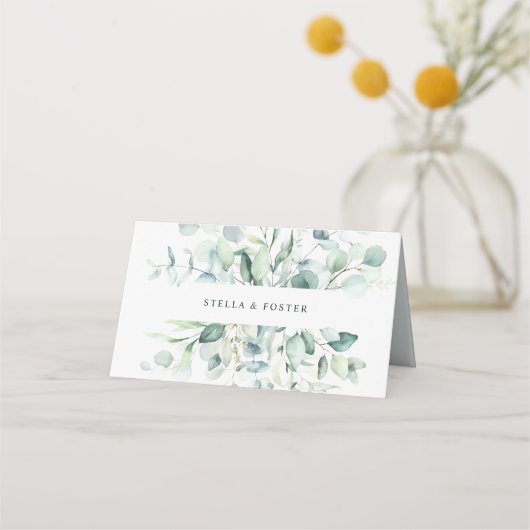 Elegante Waterverf Groen Bladgroen Bruiloft Plaatskaartje (Achterkant)