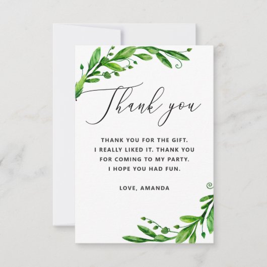 Elegante waterverf groen bloemenschrift verjaardag bedankkaart (Voorkant)