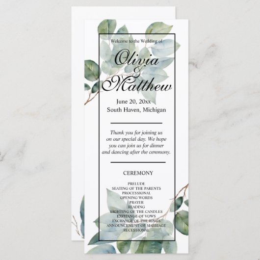 Elegante Waterverf groen boho bruiloft programma (Voorkant / Achterkant)