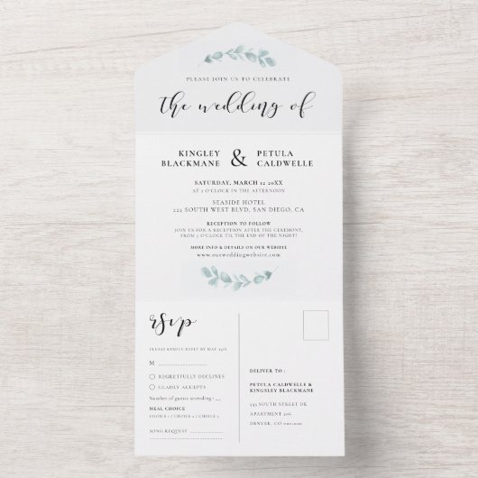 Elegante waterverf groen bruiloft all in one uitnodiging (Binnen)