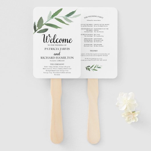 Elegante Waterverf groen bruiloft programma's Handwaaier (Voorkant en achterkant)