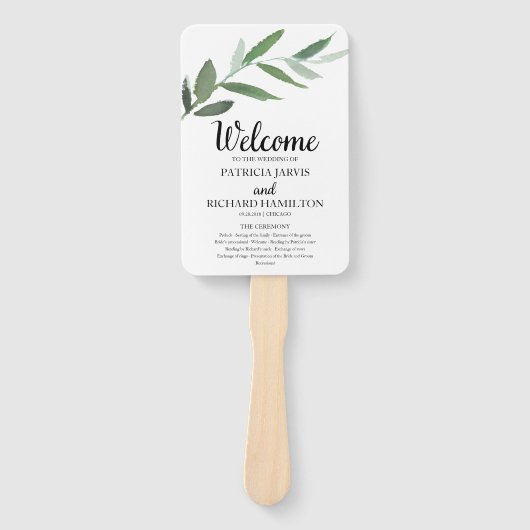 Elegante Waterverf groen bruiloft programma's Handwaaier (Voorkant)