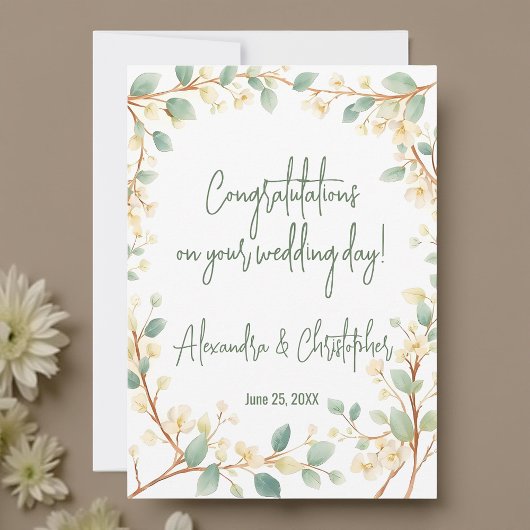 Elegante Waterverf groen en witte bloemen Kaart