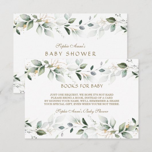 Elegante Waterverf Groen Goud Boeken Voor Baby Informatiekaartje (Voorkant / Achterkant)