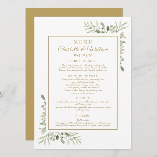 Elegante waterverf groen goud diner menu (Voorkant / Achterkant)