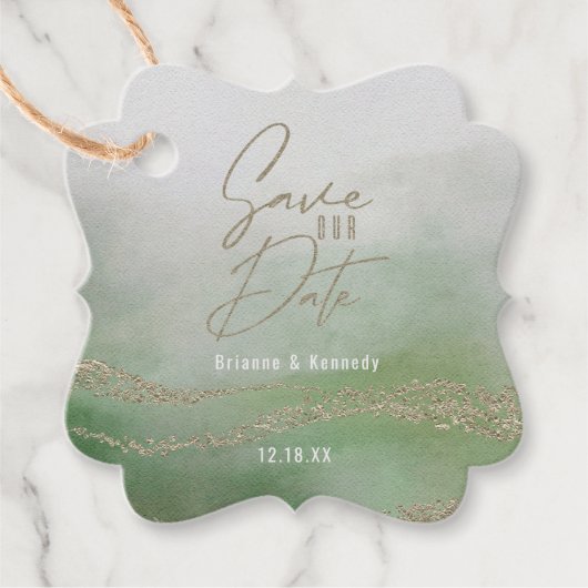 Elegante Waterverf Groen & Goud Sla de Datum op Bedankjes Labels (Voorkant)