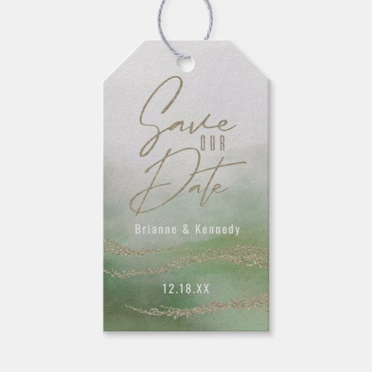 Elegante Waterverf Groen & Goud Sla de Datum op Cadeaulabel (Voorkant)