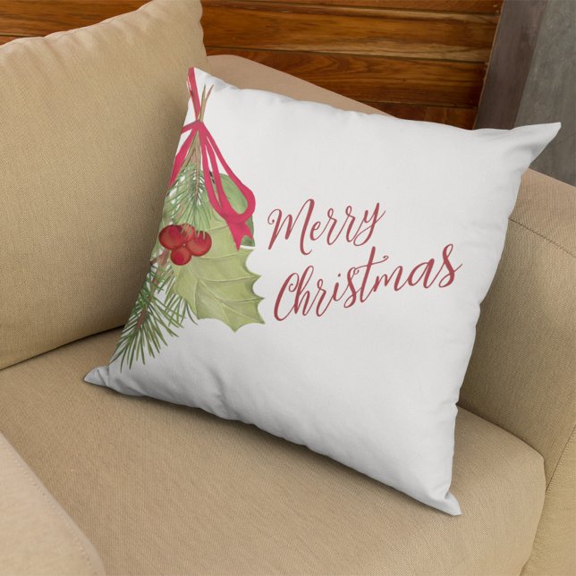 Elegante waterverf groen Kerstmis  Kussen (Merry Christmas Red and Green Greenery. With Stylish Calligraphy Script.)