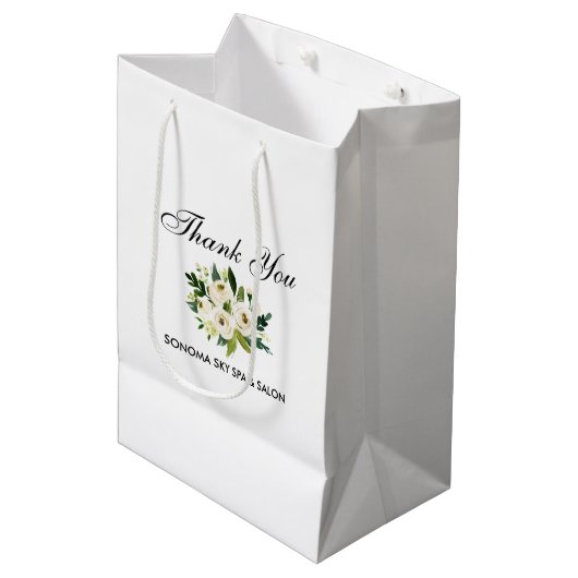 Elegante Waterverf Groen Wit Bloemen Dank u Medium Cadeauzakje (Voorkant Gekanteld)