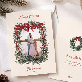 Elegante Waterverf Groenblauw lint Foto Kerstmis Feestdagenkaart