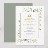 Elegante Waterverf Groene Bat Mitzvah Kaart (Voorkant / Achterkant)
