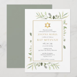 Elegante Waterverf Groene Bat Mitzvah Kaart