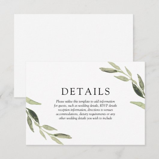 Elegante Waterverf Groene Blad Bruiloft Details Informatiekaartje (Voorkant / Achterkant)