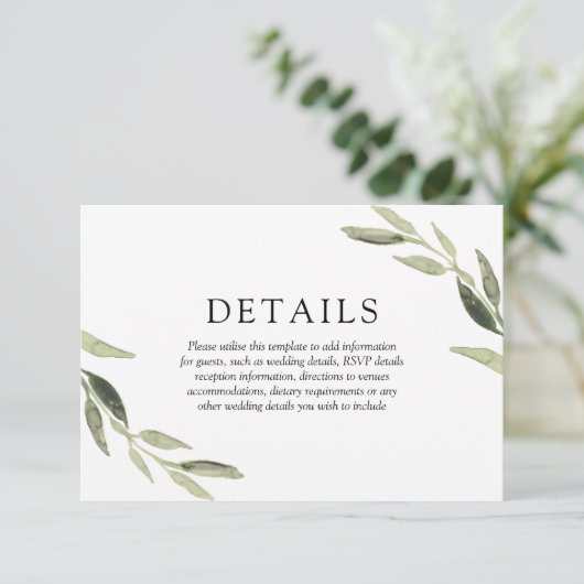 Elegante Waterverf Groene Blad Bruiloft Details Informatiekaartje (Staand voorkant)