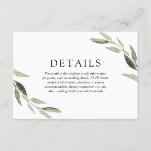 Elegante Waterverf Groene Blad Bruiloft Details Informatiekaartje