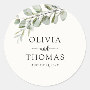Elegante Waterverf Groene Blad Bruiloft  Ronde Sticker