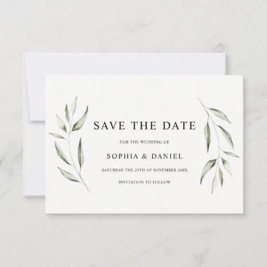 Elegante Waterverf Groene Blad Bruiloft Save The Date (Voorkant)