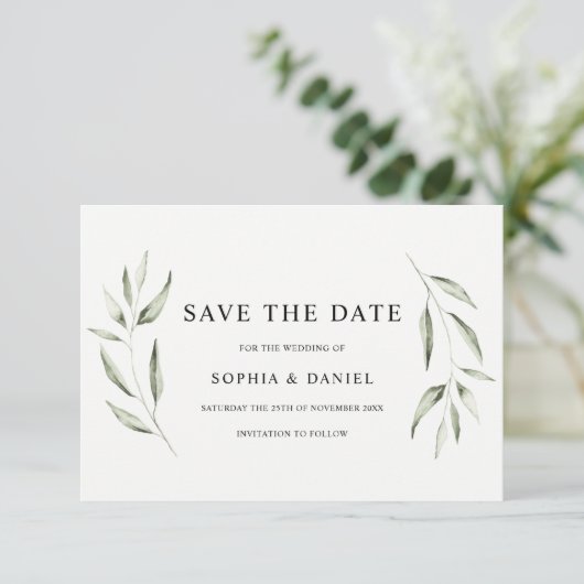 Elegante Waterverf Groene Blad Bruiloft Save The Date (Staand voorkant)