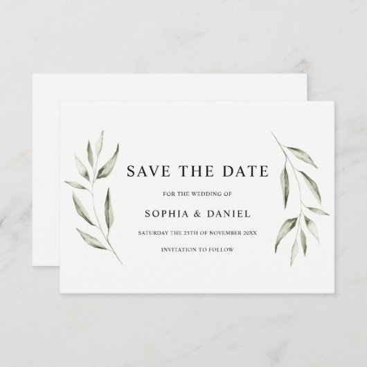 Elegante Waterverf Groene Blad Bruiloft Save The Date (Voorkant / Achterkant)