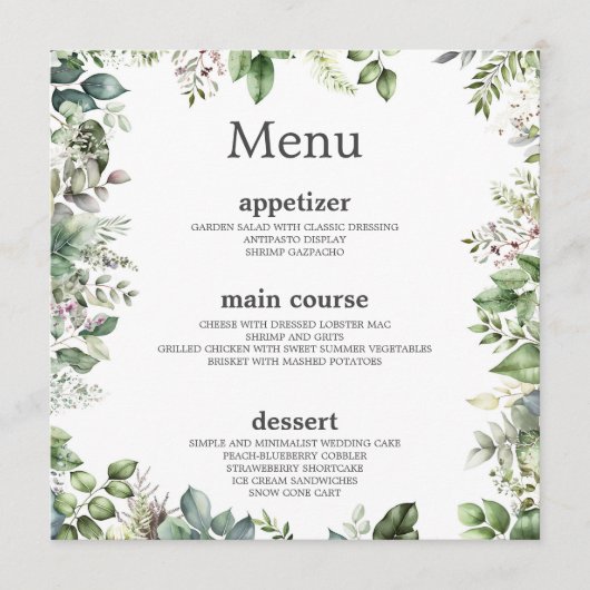 Elegante Waterverf Groene bladeren Bruiloft Plein Menu (Voorkant)